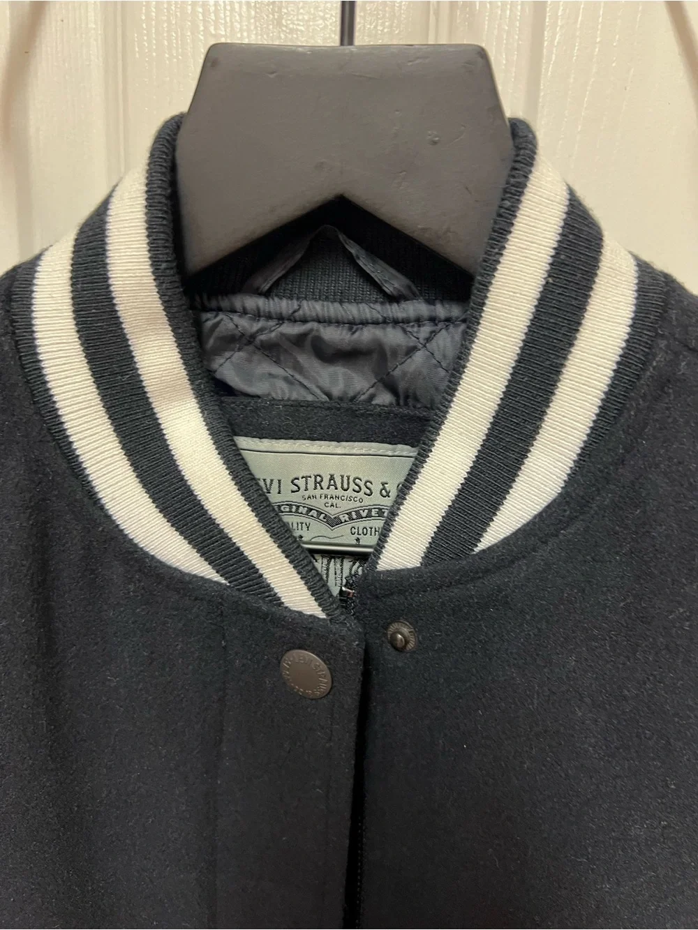 Levi Strauss & Co. Black and White Varsity Jacket with Vegan Leather Sleeves